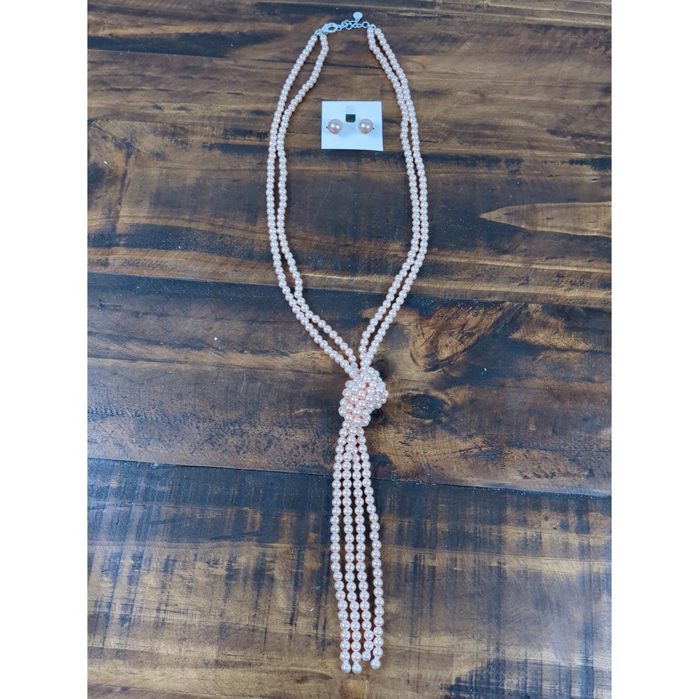 Rose‎ Gold/Pink Faux Pearl Knot Necklace And Earring Set